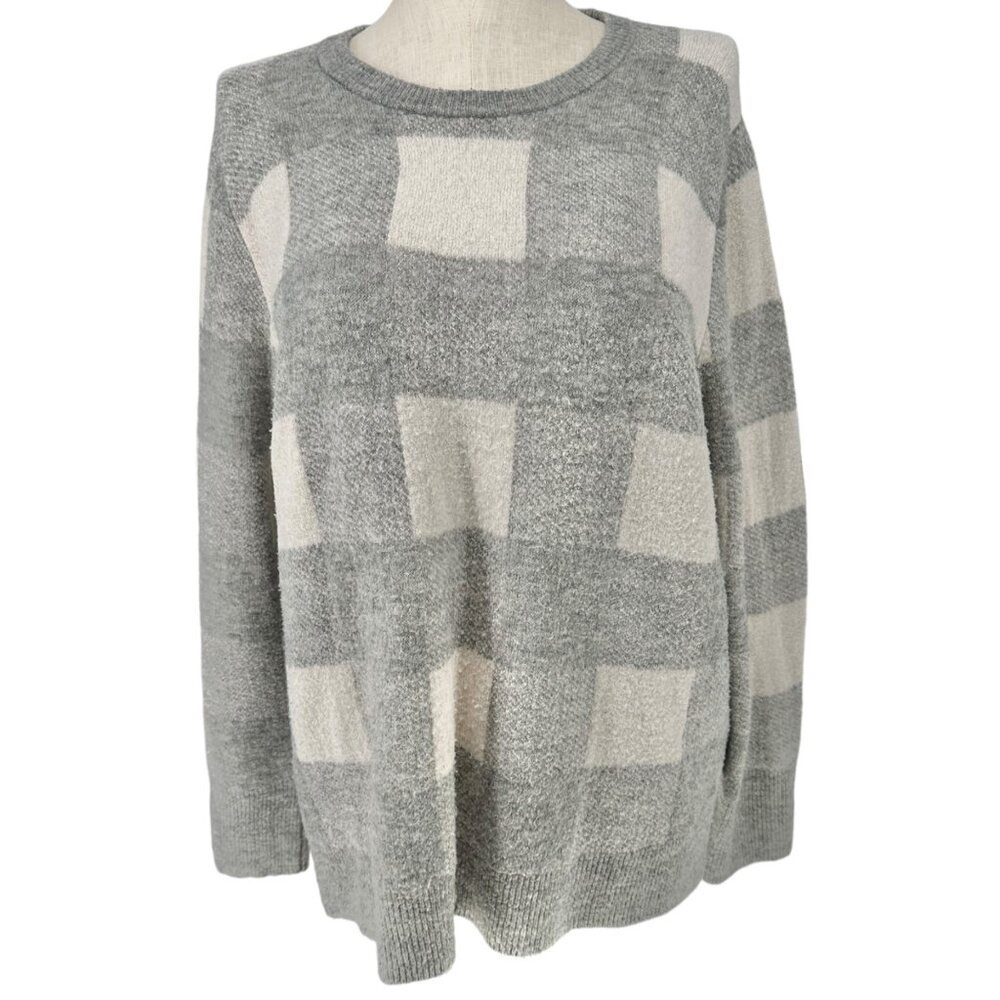 Old Navy Sweater Womens XXL Gray White Plaid LS Super Soft Acrylic/Nylon Blend